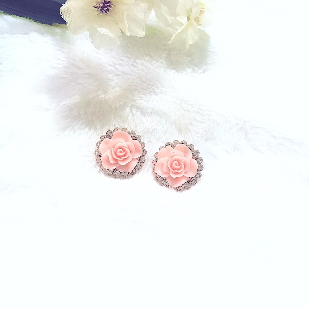 Lovely Peach Acrylic Rose w/💎Studs Halo Earrings - Picture 2 of 16